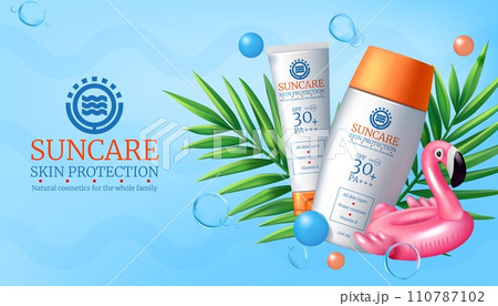 Summer cosmetic. 3D sunscreen. Sunblock moisturizer promotion. Beach inflatable flamingo. Skincare cream tube for beauty product template. Advertising banner design. Vector blue background Summer cosmetic. 3D sunscreen. Sunblock moisturizer promotion. Beach inflatable flamingo. Skincare cream tube for beauty product template. Advertising banner design. Vector blue background 110787102