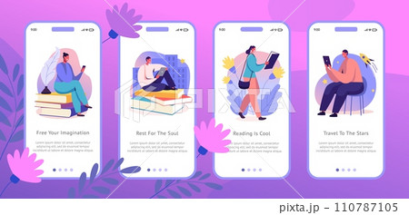 Study app. Mobile interface. People read books using smartphone. E-book phone application technology. Student with literature. Social media page screen. Vector UI design templates set 110787105