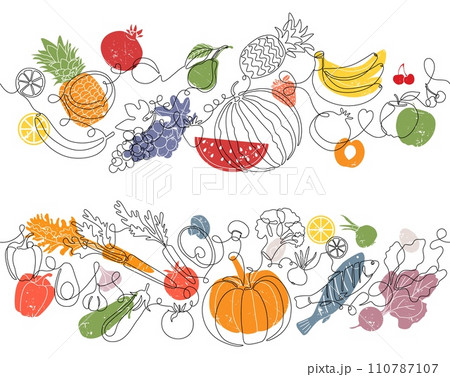 Food background. Cook kitchen patterns, heathy art lunch or chef menu, restaurant recipe border. Fruit and vegetables. Monoline sketch. Decorative frame. Meat and fish. Vector line banner 110787107