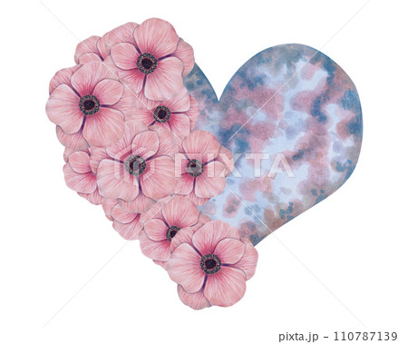 A pink anemone flower envelops a heart in a cosmic style. Watercolor and marker illustration. Botanical element for Valentine's Day, Mother's Day. Hand-drawn isolated art. A pink anemone flower envelops a heart in a cosmic style. Watercolor and marker illustration. Botanical element for Valentine's Day, Mother's Day. Hand-drawn isolated art. 110787139