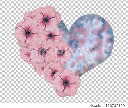 A pink anemone flower envelops a heart in a cosmic style. Watercolor and marker illustration. Botanical element for Valentine's Day, Mother's Day. Hand-drawn isolated art. A pink anemone flower envelops a heart in a cosmic style. Watercolor and marker illustration. Botanical element for Valentine's Day, Mother's Day. Hand-drawn isolated art. 110787139
