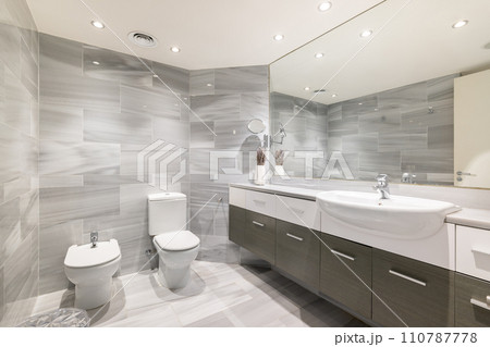 Bathroom with bidet toilet and washbasin under large mirror 110787778