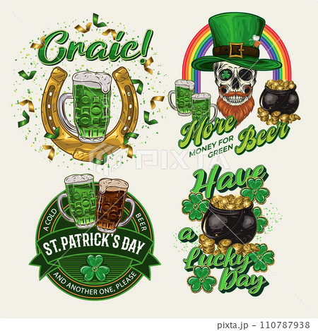St Patricks Day Labels with holiday objects, text on white background. Shamrock, skull, horseshoe, golden treasure. For clothing, apparel, T-shirts, holiday stuff, goods decoration Vintage style 110787938