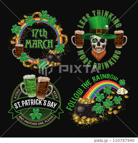 St Patricks Day Labels with holiday objects, text on black background. Skull, beer, shamrock, rainbow. For clothing, apparel, T-shirts, holiday stuff, goods decoration. Vintage style illustration 110787940