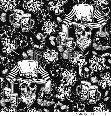 St Patricks Day black and white pattern with scattered shamrock leaves, coins, pot full of gold treasures, horseshoes, rainbow arc on black background. Vintage style 110787945