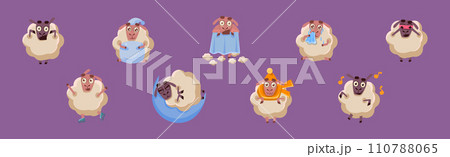 Funny Sheep Character in Different Action on Purple Background Vector Set 110788065