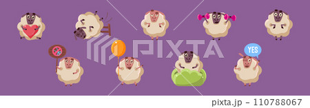 Funny Sheep Character in Different Action on Purple Background Vector Set 110788067