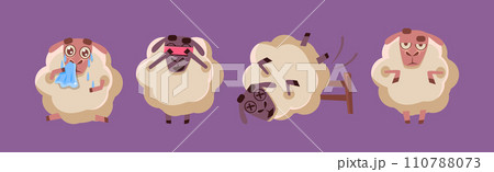 Funny Sheep Character in Different Action on Purple Background Vector Set 110788073