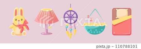 Baby Bedroom and Bedtime Object and Elements Vector Set 110788101