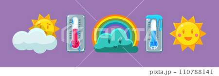 Thermometer, Cloud and Sun Character as Weather and Meteorology Element Vector Set Thermometer, Cloud and Sun Character as Weather and Meteorology Element Vector Set 110788141