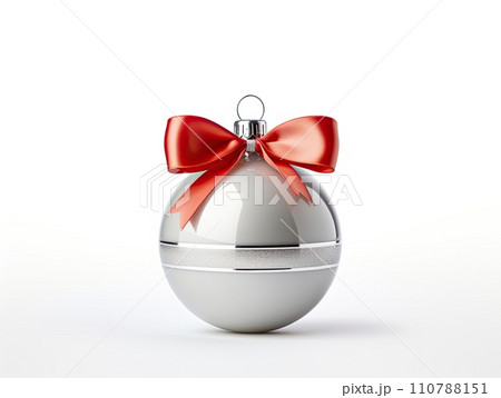 AI-generated content. White round isolated Christmas ball with red satin bow. AI-generated content. White round isolated Christmas ball with red satin bow. 110788151