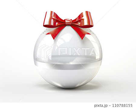 AI-generated content. White round isolated Christmas ball with red satin bow. AI-generated content. White round isolated Christmas ball with red satin bow. 110788155