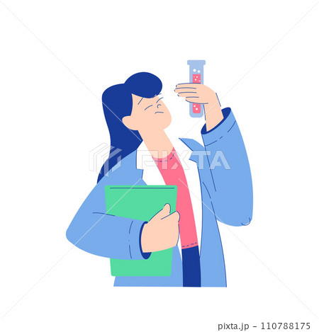 Chemistry with Woman Scientist Character Hold Clipboard and Glass Tube Vector Illustration 110788175