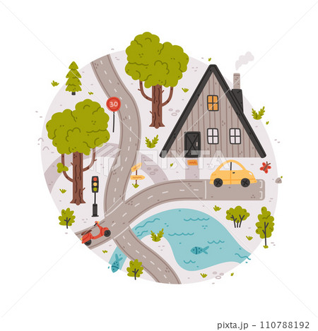 Naive City Map with Cartoon Road, Car and House Vector Illustration Naive City Map with Cartoon Road, Car and House Vector Illustration 110788192