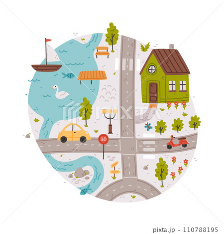 Naive City Map with Cartoon Road, Car and House Vector Illustration Naive City Map with Cartoon Road, Car and House Vector Illustration 110788195