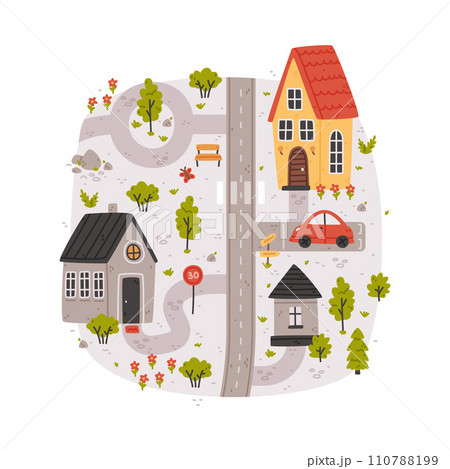Naive City Map with Cartoon Road, Car and House Vector Illustration 110788199