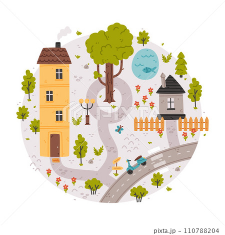 Naive City Map with Cartoon Road, Pond and House Vector Illustration 110788204