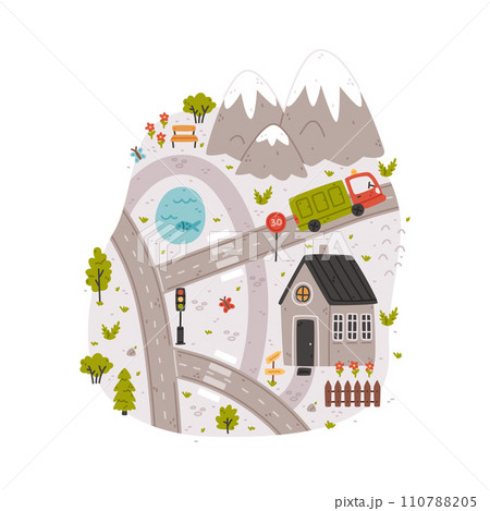 Naive City Map with Cartoon Road, Car and House Vector Illustration 110788205