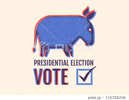 Vector vintage banner for 2024 presidential election in USA. Vector illustration of donkey from democratic party. Vote 2024. 110788206