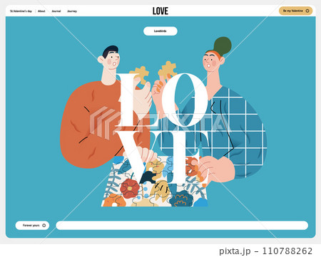 Valentine: Unexpected Match -modern flat vector concept illustration of a couple with duplicate puzzle pieces, a twist in their completion. Metaphor for life's surprising coincidences in relationships 110788262