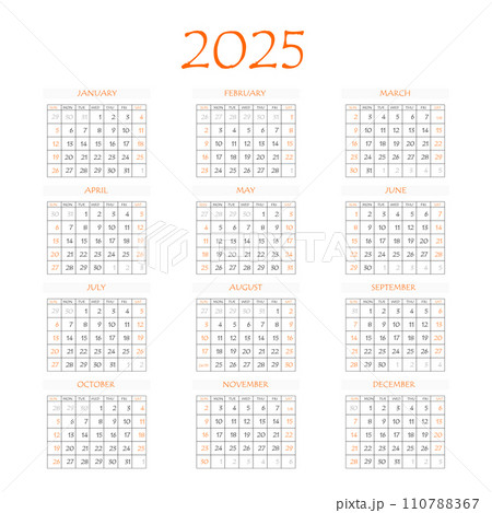 2025 calendar planner. Corporate week. Template layout, 12 months yearly, white background. Simple design for business brochure, flyer, print media, advertisement. Week starts from Monday 2025 calendar planner. Corporate week. Template layout, 12 months yearly, white background. Simple design for business brochure, flyer, print media, advertisement. Week starts from Monday 110788367