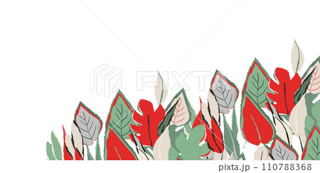 Background with color exotic leaves, flowers. Nature concept design. Modern floral compositions with summer branches in trendy flat simple style. Vector illustration for poster, banner, greeting card 110788368