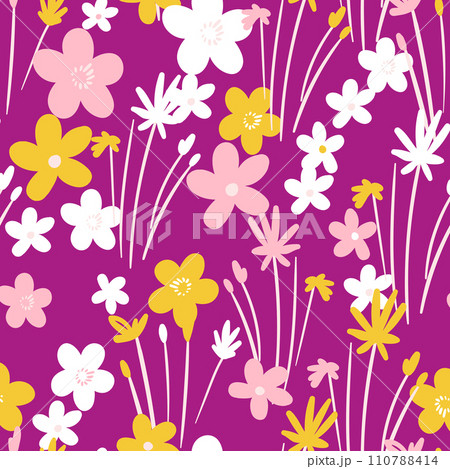 Seamless floral pattern based on traditional folk art ornaments. Colorful flowers on color background. Scandinavian style. Sweden nordic style. Vector illustration. Simple minimalistic pattern 110788414