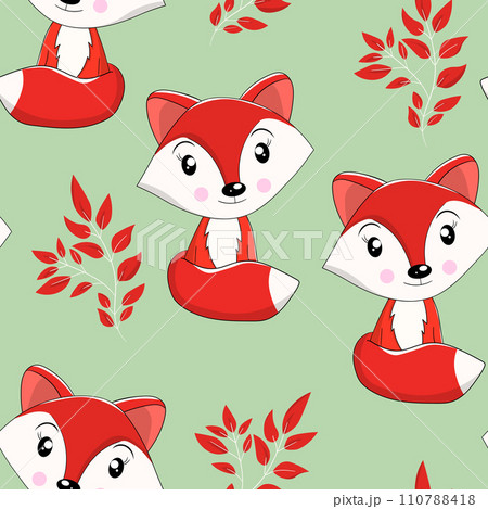 Seamless pattern with cute fox baby on color background. Funny forest animals. Card, postcards for kids. Flat vector illustration for fabric, textile, wallpaper, poster, paper Seamless pattern with cute fox baby on color background. Funny forest animals. Card, postcards for kids. Flat vector illustration for fabric, textile, wallpaper, poster, paper 110788418