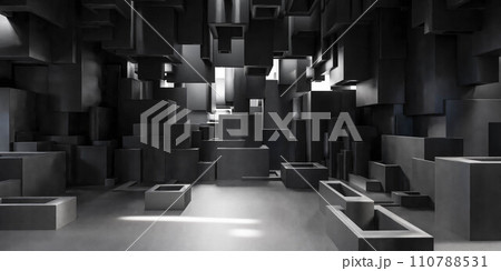 Room Filled With Cubes, An Intriguing Black and White Photo Showcasing Geometric Patterns and Shapes 3d render illustration Room Filled With Cubes, An Intriguing Black and White Photo Showcasing Geometric Patterns and Shapes 3d render illustration 110788531