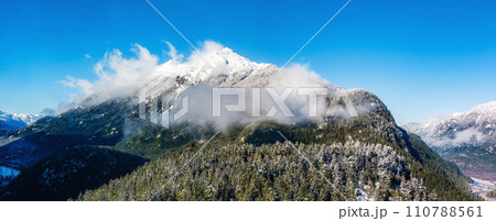 Snow Covered Evergreen Trees with Mountain Landscape in Background. 110788561