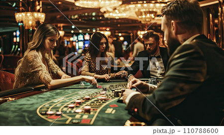 Upper class friends gambling in a casino 110788600