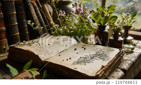 Pen on old book. Photo in old vintage style 110788611