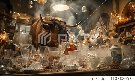 Very Large Bull with Horns Running Through a China Shop Filled with Glassware. Generative AI. 110788652