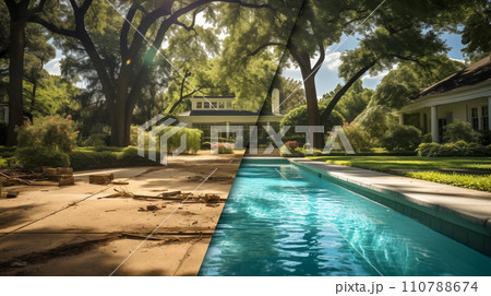 Before and After of An Unattended Mediocre Back Yard to A Beautiful Yard with a Swimming Pool. Generative AI. Before and After of An Unattended Mediocre Back Yard to A Beautiful Yard with a Swimming Pool. Generative AI. 110788674