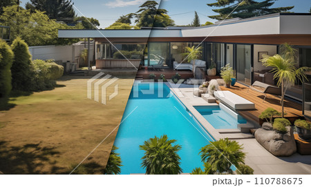 Before and After of An Unattended Mediocre Back Yard to A Beautiful Yard with a Swimming Pool. Generative AI. Before and After of An Unattended Mediocre Back Yard to A Beautiful Yard with a Swimming Pool. Generative AI. 110788675