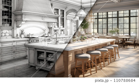 Concept Design Drawing to a Finished Renovation of a Residential Kitchen Interior. Generative AI. 110788684