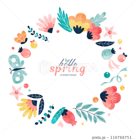 春の花の丸フレーム 水彩の植物と蝶のカラフルな飾り枠 110788751