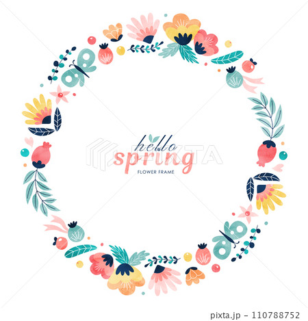 春の花の丸フレーム 水彩の植物と蝶のカラフルな飾り枠 110788752