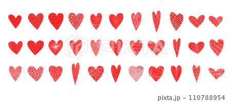 Big collection of cute doodle hand drawn textured hearts for Valentines day greeting cards and banners design. Lovely bright red and pink heart illustration for romantic decoration Big collection of cute doodle hand drawn textured hearts for Valentines day greeting cards and banners design. Lovely bright red and pink heart illustration for romantic decoration 110788954