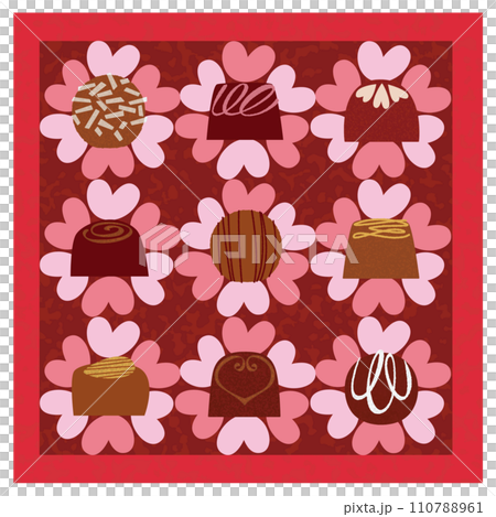 Chocolate assortment box surrounded by heart flowers_red Chocolate assortment box surrounded by heart flowers_red 110788961