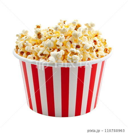 red white paper bucket full of popcorn isolated 110788963