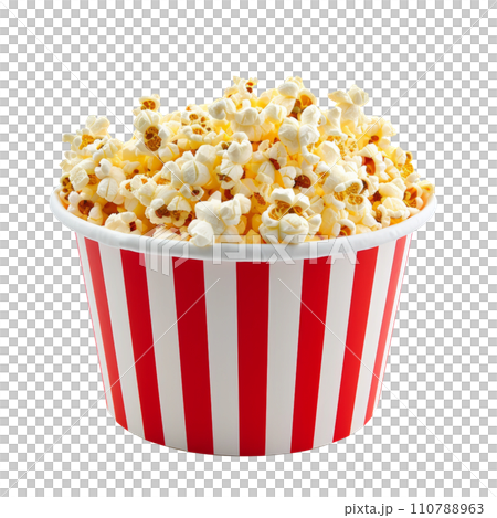 red white paper bucket full of popcorn isolated 110788963