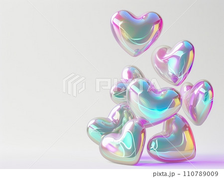 AI-generated content. 3D Realistic Shiny Shimmering Hearts Background. Valentine's Day Hearts Wallpaper. Glossy Hearts Backdrop with Space for Text. 110789009