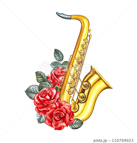 Golden saxophone decorated with red roses. The watercolor illustration is hand-drawn. Isolate it. For posters, flyers and invitation cards. For banners and postcards. For logos, stickers and prints. 110789023