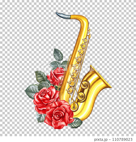 Golden saxophone decorated with red roses. The watercolor illustration is hand-drawn. Isolate it. For posters, flyers and invitation cards. For banners and postcards. For logos, stickers and prints. 110789023