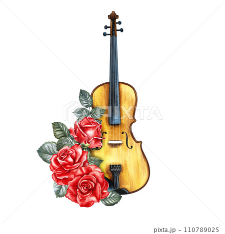 A violin decorated with red roses. The watercolor illustration is hand-drawn. Highlight it. For posters, flyers and invitation cards. For banners and postcards. For logos, badges, stickers and prints. A violin decorated with red roses. The watercolor illustration is hand-drawn. Highlight it. For posters, flyers and invitation cards. For banners and postcards. For logos, badges, stickers and prints. 110789025