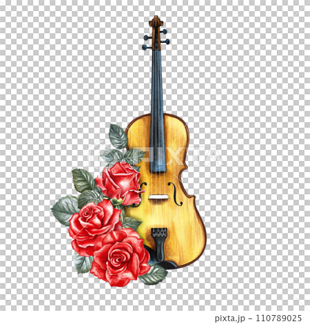 A violin decorated with red roses. The watercolor illustration is hand-drawn. Highlight it. For posters, flyers and invitation cards. For banners and postcards. For logos, badges, stickers and prints. A violin decorated with red roses. The watercolor illustration is hand-drawn. Highlight it. For posters, flyers and invitation cards. For banners and postcards. For logos, badges, stickers and prints. 110789025