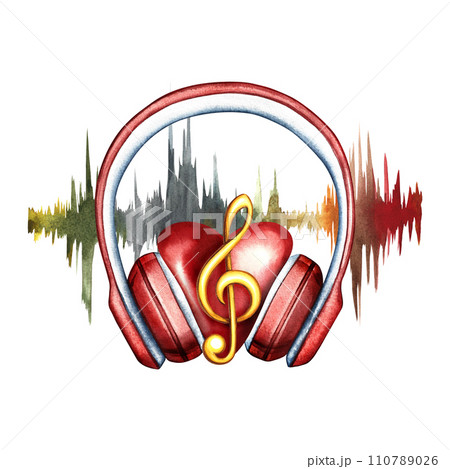 A heart in the headphones at the frequency of the audio signal. The watercolor illustration is hand-drawn. For posters, flyers and invitation cards. For postcards, logos, badges, stickers and prints. 110789026