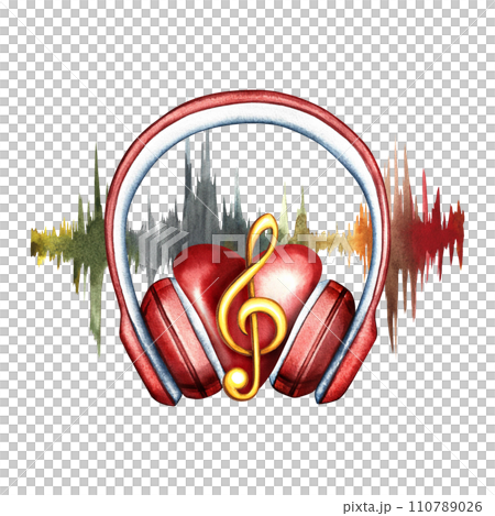 A heart in the headphones at the frequency of the audio signal. The watercolor illustration is hand-drawn. For posters, flyers and invitation cards. For postcards, logos, badges, stickers and prints. 110789026