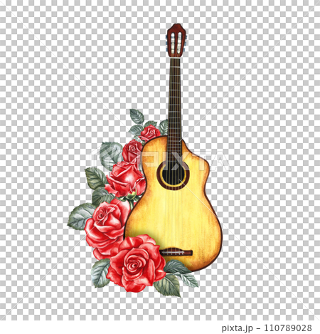 A guitar decorated with red roses. The watercolor illustration is hand-drawn. Isolate it. For posters, flyers and invitation cards. For banners and postcards. For logos, badges, stickers and prints. 110789028